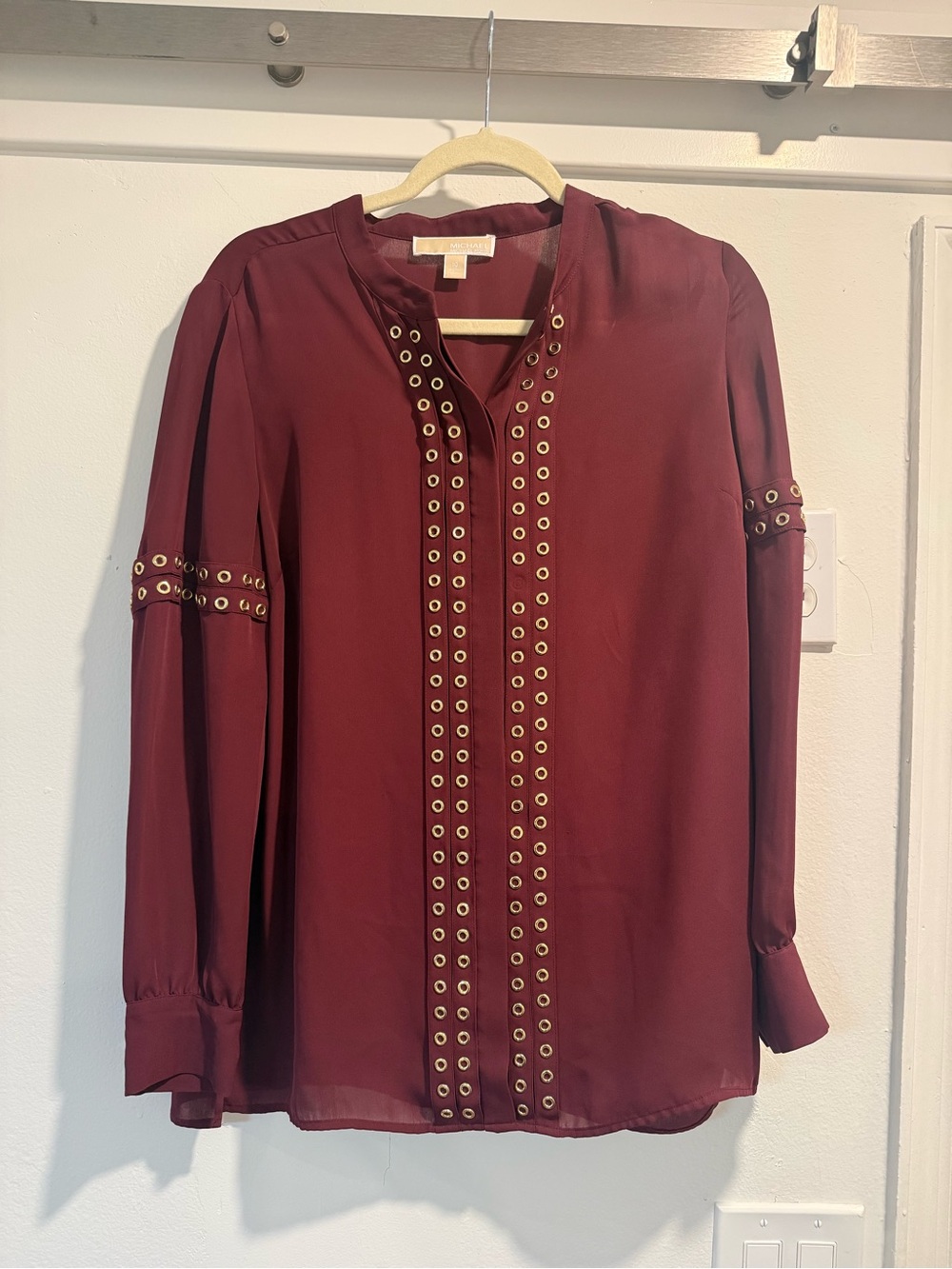 Michael Kors Women's Eyelet-Trim Long Sleeve Blouse - Wine Burgundy